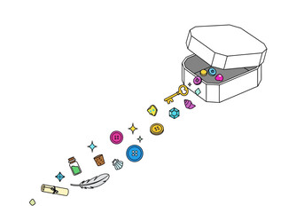 Illustration of treasure spilling from an open chest, showcasing various jewels and artifacts, viewed from above in a minimalist style © firman