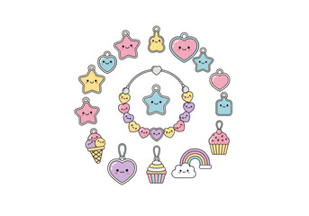 Obraz premium Colorful cartoon charms arranged in a circular pattern featuring stars, hearts, and treats in a whimsical illustration