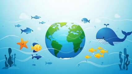 Fototapeta premium Animated Earth surrounded by ocean life