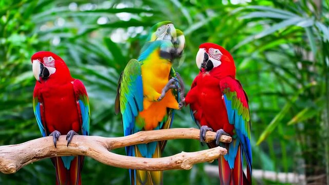 Vibrant macaws perched on branch showcase exotic plumage in lush natural setting