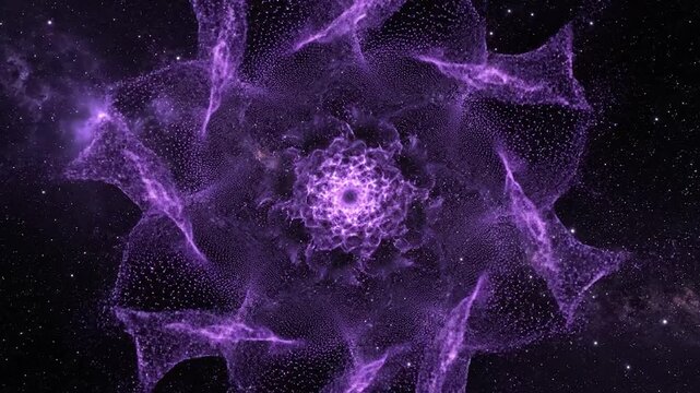 A mesmerizing purple fractal pattern expands and contracts in the vast cosmic