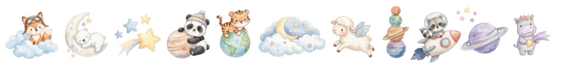 Watercolor baby universe set. Cute watercolor galaxy set with panda astronaut, fox sleeping, tiger star, unicorn moon. Collection of Vector illustrations. Perfect for invitation, card, poster, banner © maria