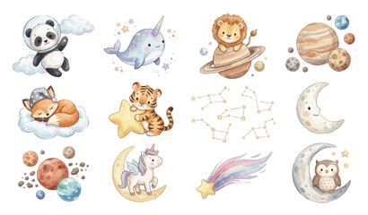 Cute watercolor galaxy set. Watercolor space nursery clipart set with cute animals, planets, moons, stars and constellations. Collection of Vector illustrations. Perfect for invitation, card, poster © maria