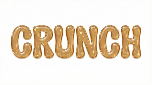 Golden shiny balloon letters spelling crunch with sparkling highlights on white background