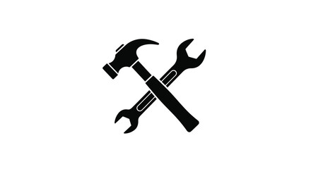 Black silhouette vector graphic illustration featuring a crossed hammer and adjustable wrench representing building and repair services clearly.