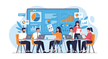 Collaborative business team working at a conference table in front of a giant digital dashboard displaying data charts.