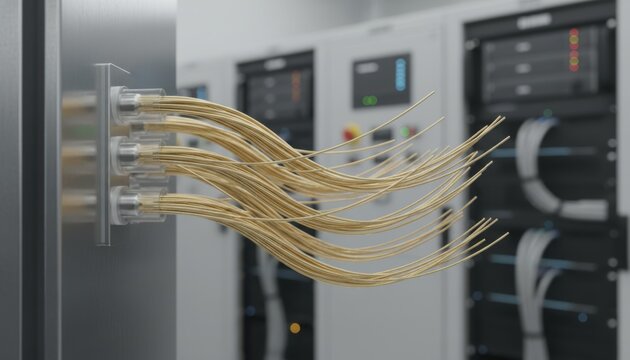 Golden interconnections of bundled wires exiting a technological control panel, representing data flow and complex systems.