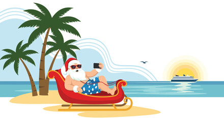 Santa Claus in sunglasses and swim trunks relaxing on a red sleigh on a tropical beach while taking a selfie during his summer vacation.