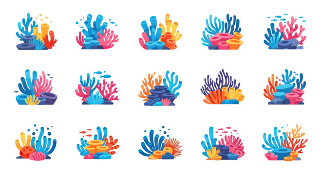Colorful Coral Reefs Undersea Marine Life Collection Vector Illustration