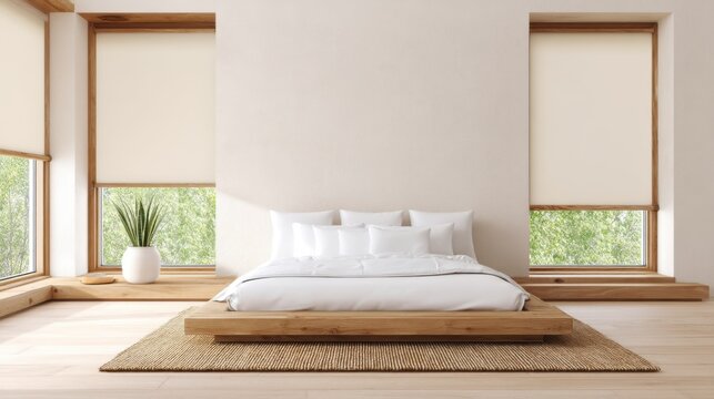 Minimalist bedroom interior, warm, , essential, airy. A simple wooden platform bed with white linen bedding centered. The wall behind is a large