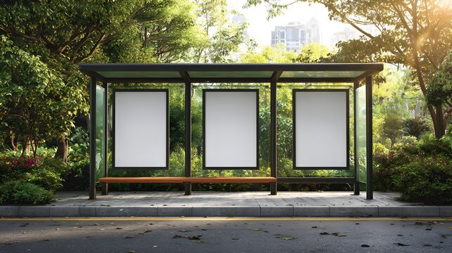 Modern glass bus stop shelter displaying three blank illuminated poster mockups, surrounded by a lush green city park under a sunny sky.