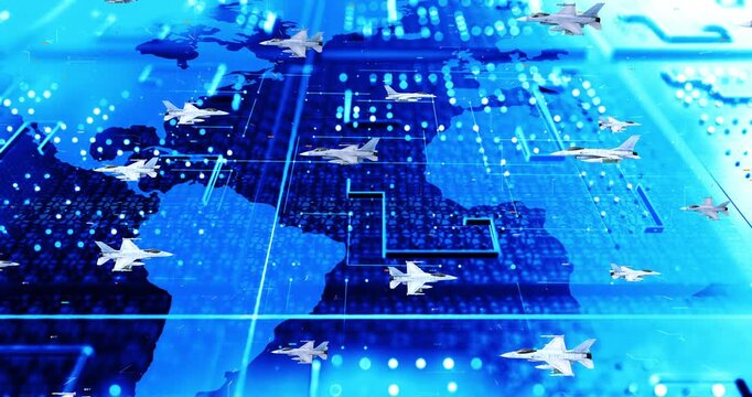Military Aircraft Patrol Across Global Digital Earth Map. World War Related 3D 4K Animation.