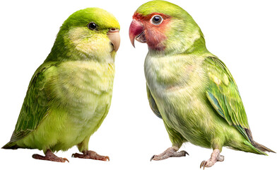 Naklejka premium Two green and yellow parrots perched together isolated on a white background