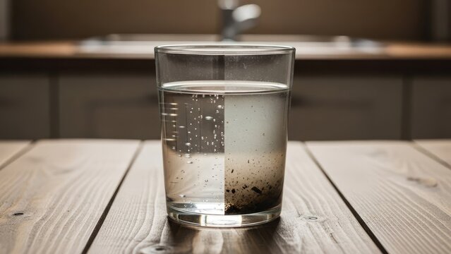 A glass of water, half clean and half dirty, rests on a wooden table in a kitchen.