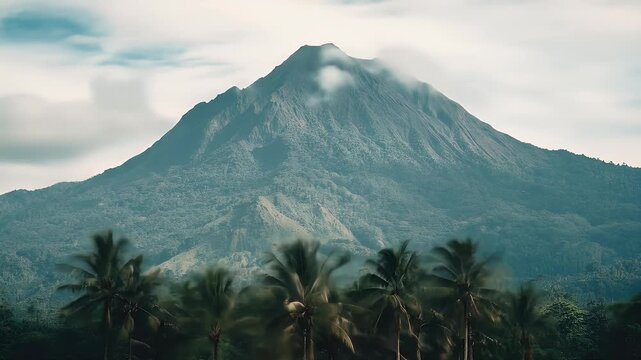 Massive mountain looms behind rows of palm trees under cloudy skies