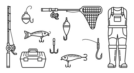 Fishing gear illustration - rods, lures, net, tackle box, and waders for angling. © Isla