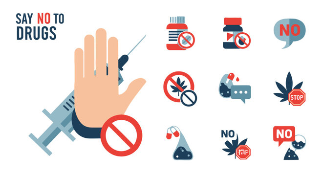 Say No To Drugs: Anti-drug campaign with syringe and prohibition icons