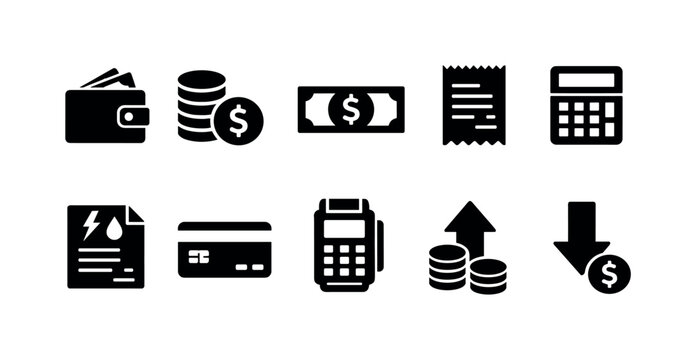 Finance and money solid icon set. wallet, currency, payment, calculator symbols