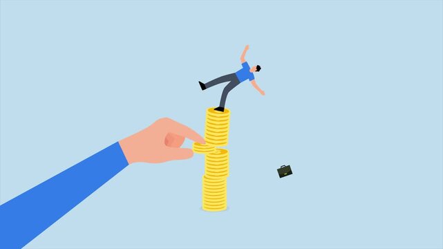 Investment risk from rug pull crash, 4k animation of massive hand withdraws money from stack of coins, leading to the investor downfall