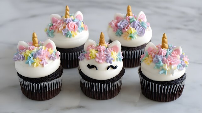 Adorable unicorn themed cupcake with minimal details, thick black contours, and decorative stars arranged on a pure white backdrop