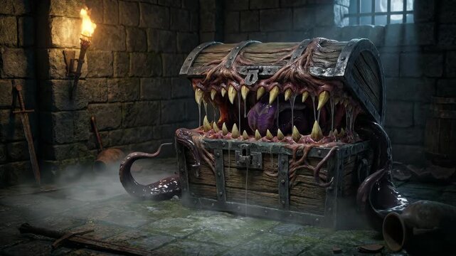 Monster treasure chest in a dungeon. Scary fantasy concept of a mimic creature with fangs and tentacles for gaming or halloween.