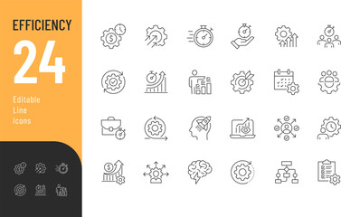 Efficiency Line Editable Icons set. Vector illustration in modern thin style of work process related icons: solution, planning, productivity, and more. Isolated on transparent background. 