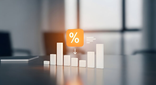 Financial bar chart on office desk with glowing orange percentage and down arrow representing interest rate cut or inflation decrease