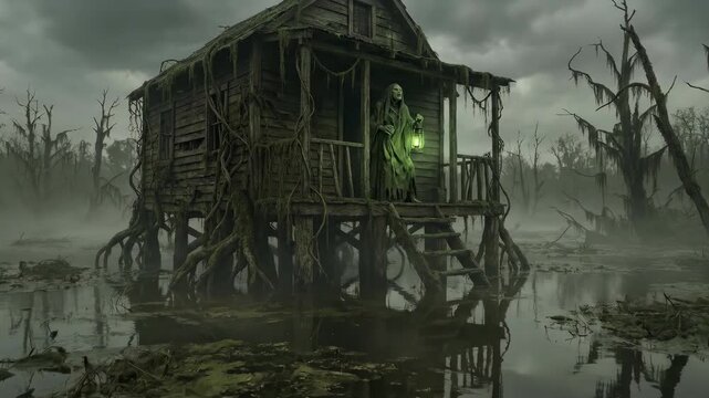 Eerie fantasy scene of an ominous creature standing on the porch of a decaying swamp shack, holding a glowing lantern in a misty environment.