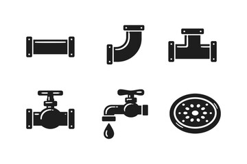 Collection of black plumbing icons including pipes, valves, faucet, and drain
