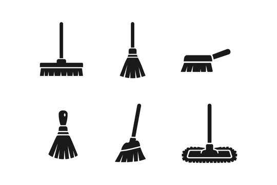 Collection of cleaning tools icons including brooms, brushes, and mop for household chores