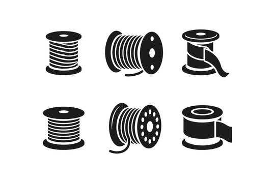 Collection of six black and white icons representing spools of thread and ribbon