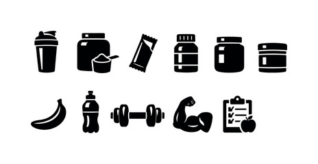 Fototapeta na wymiar Nutrition and fitness solid icon set. health, exercise, and supplement icons collection