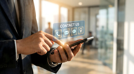 Businessman Holding Smartphone with Holographic Contact Us Interface
