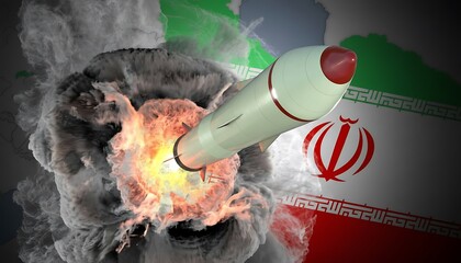 Obraz premium Missile launch illustration with explosion smoke over Iran flag background, depicting military conflict, geopolitics, and security crisis