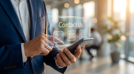 Contact Us Holographic Interface on Businessman Smartphone