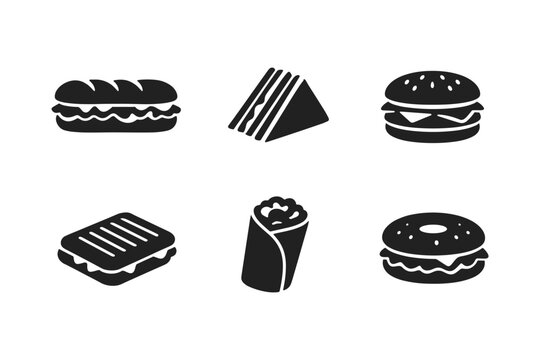 Collection of six black icons representing different types of sandwiches and burgers