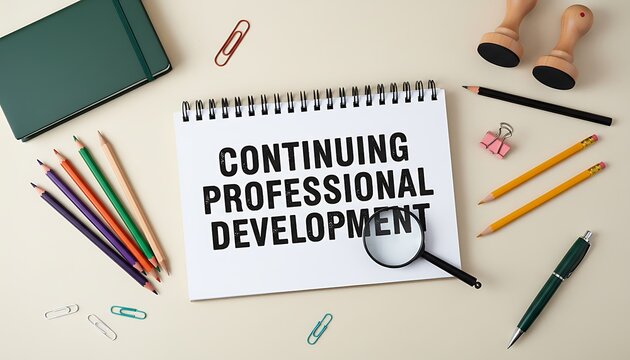 Notebook continuing professional development message on office desk with pencils, magnifying glass, clips, pen and stamps