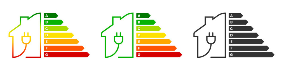 Energy efficiency home rating label signs. Isolated efficient house or flat renovation class symbols on white background. Building ecological certification icons for real estate. Vector illustration.