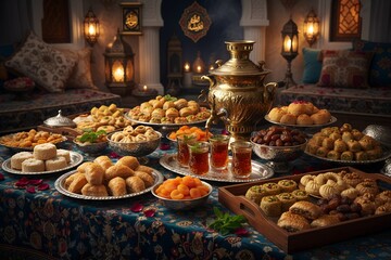 Eid Mubarak Celebration Table with Arabic Sweets and Tea | Islamic Festive Food Setup