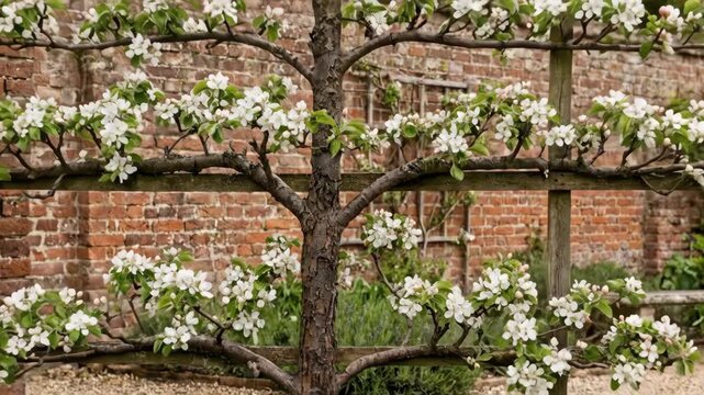 Espalier fruit tree in full bloom against a brick wall. Spring garden design with blossoming branches for horticulture concept.