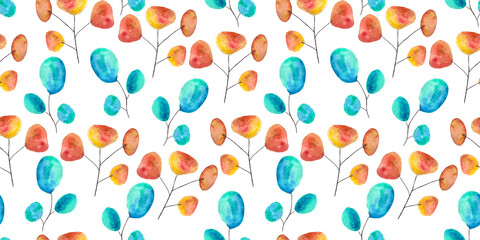 orange and turquoise eucalyptus watercolor leaves on white background, hand drawn, seamless pattern © elenaseiryk