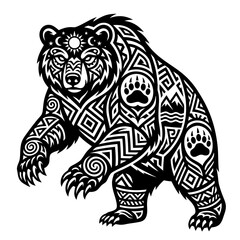 Fototapeta premium Ornate Bear Vector Illustration with Tribal Geometric Patterns and Mountain Symbols, Grizzly Silhouette for Outdoor Branding, Adventure Logo and Minimalist Wilderness Decor