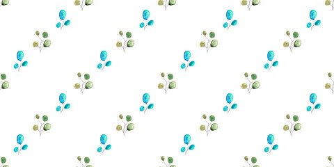 green and turquoise eucalyptus watercolor leaves on white background, hand drawn, seamless pattern © elenaseiryk