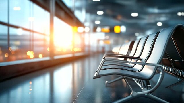 Airport waiting area large windows empty seats bright modern interior display contemporary terminal aviation facility design passenger environment visualization defocused arch