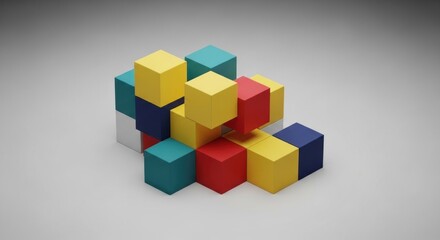Obraz premium Abstract 3D composition of colorful stacked cubes on a gray gradient backdrop