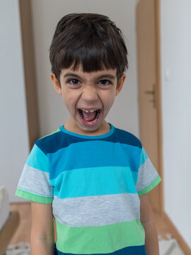 Emotional portrait of a screaming little boy in a striped t-shirt. Excited young child showing missing baby teeth and screaming with joy. Close-up of a funny preschooler shouting at the camera
