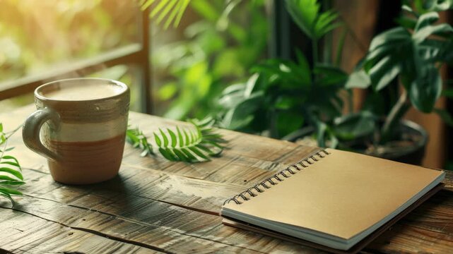 Indoor setting with notepad and coffee cup