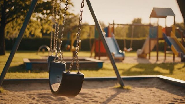 Empty swings hang still in a sunny outdoor playground at golden hour