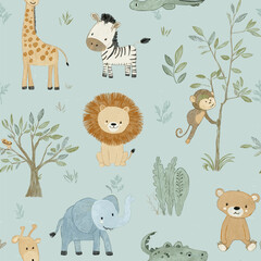 Fototapeta premium Safari animals pattern with giraffes, elephants, and lions on a light blue background. Cute cartoon jungle animals seamless pattern