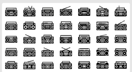 Collection of various boombox designs in a grid layout on a clean white background from a straightforward viewpoint © Steven